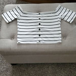 ExpressX OliviaCulpo Striped Crop Off Shoulder Top